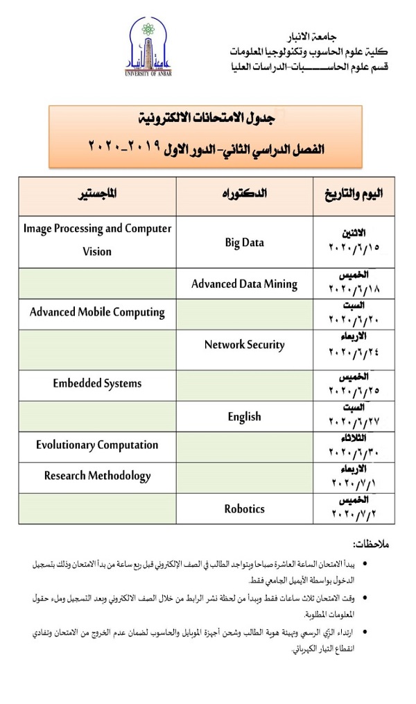 اعلان هام _ جداول الامتحانات الالكترونية للدراسات العليا والاولية